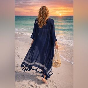 NWT Navy Blue Sheer Kimono Cover Up OS | Coastal Beach Boho